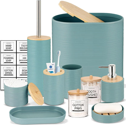 Bathroom Accessories Set 11Pcs,Complete Bathroom Organizer with Trash Can,Soap Dispenser,Toothbrush Holder,Toilet Brush & Qtip Holders,Modern Plastic Bathroom Decor for Home & Apartment (Blue)