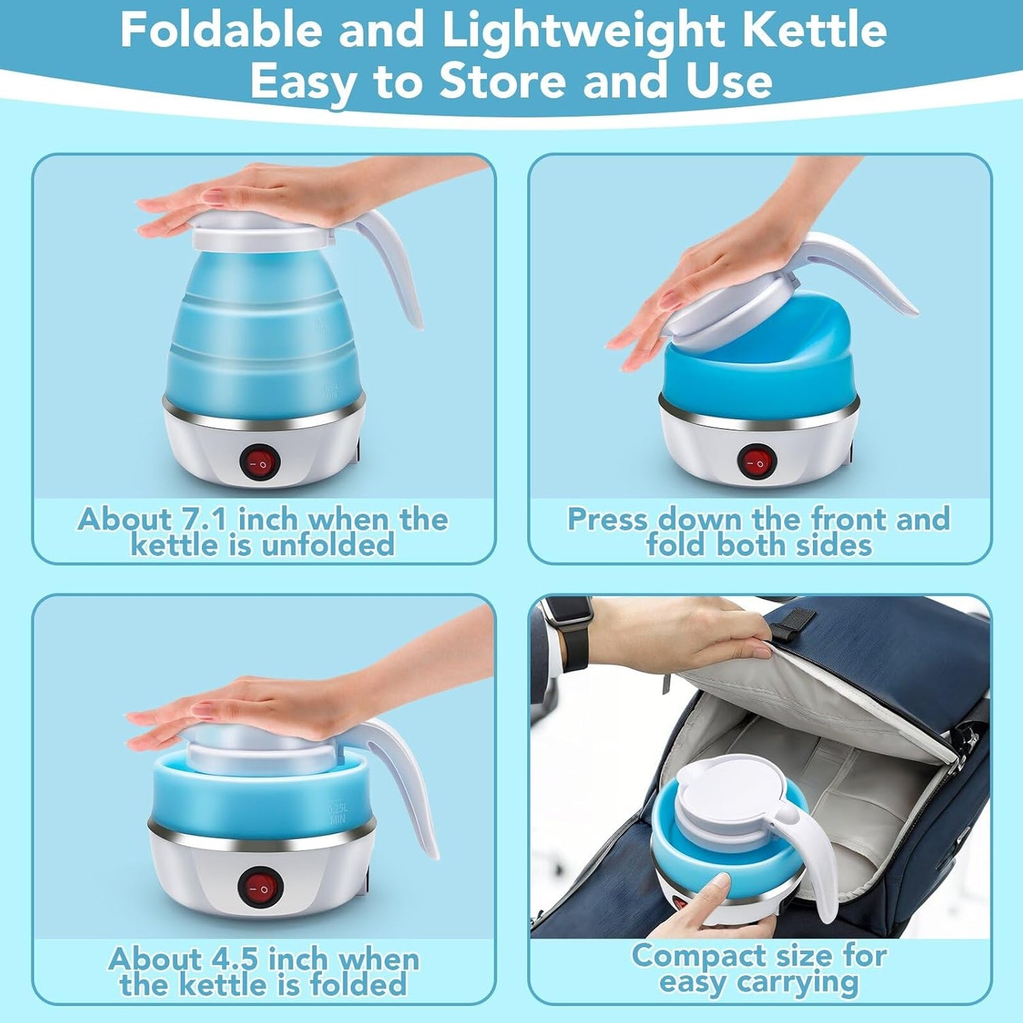 Travel Kettle Electric Small Foldable Portable Kettle,Silicone Collapsible Heating Water Boiler Tea Pot for Camping,Easy for Storage with Separable Power Cord (Blue Pro)