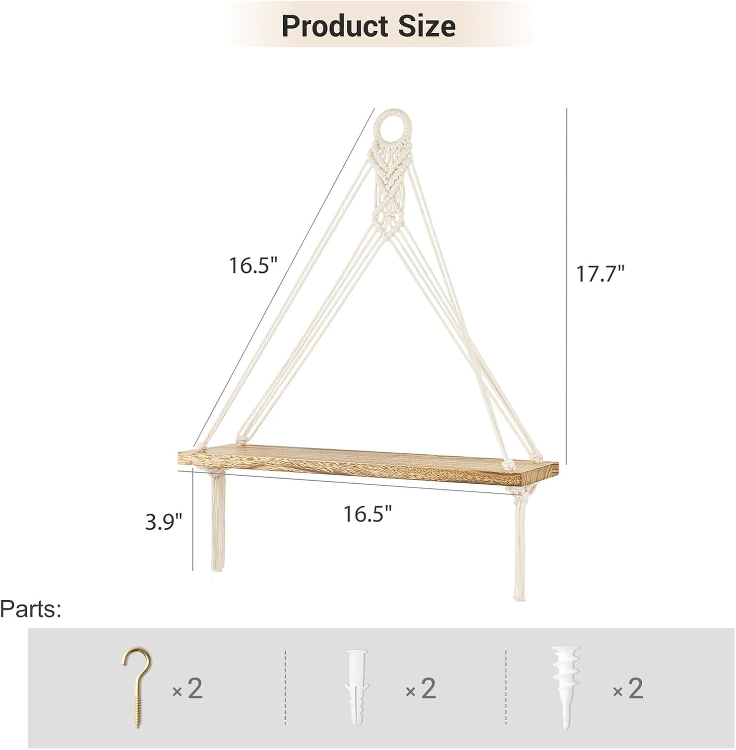 Macrame Hanging Shelves Boho Wall Decor Set of 2 Rustic Wood Floating Storage Shelf for Bedroom Bathroom Living Room Nursery Dorm Room, Display Shelving for Hanging Plants Photos