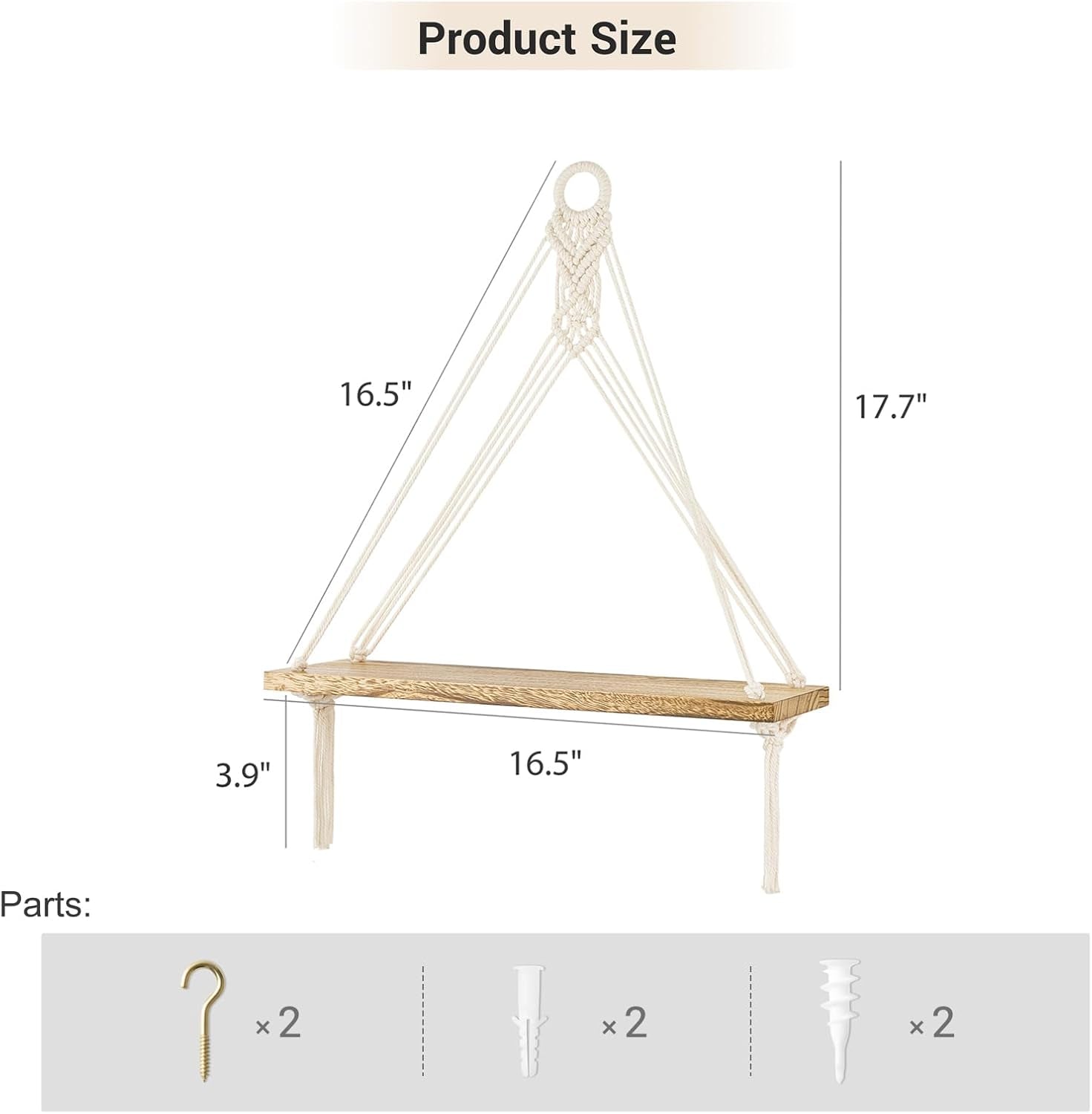 Macrame Hanging Shelves Boho Wall Decor Set of 2 Rustic Wood Floating Storage Shelf for Bedroom Bathroom Living Room Nursery Dorm Room, Display Shelving for Hanging Plants Photos