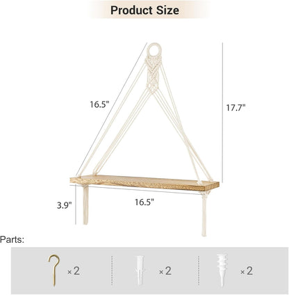 Macrame Hanging Shelves Boho Wall Decor Set of 2 Rustic Wood Floating Storage Shelf for Bedroom Bathroom Living Room Nursery Dorm Room, Display Shelving for Hanging Plants Photos