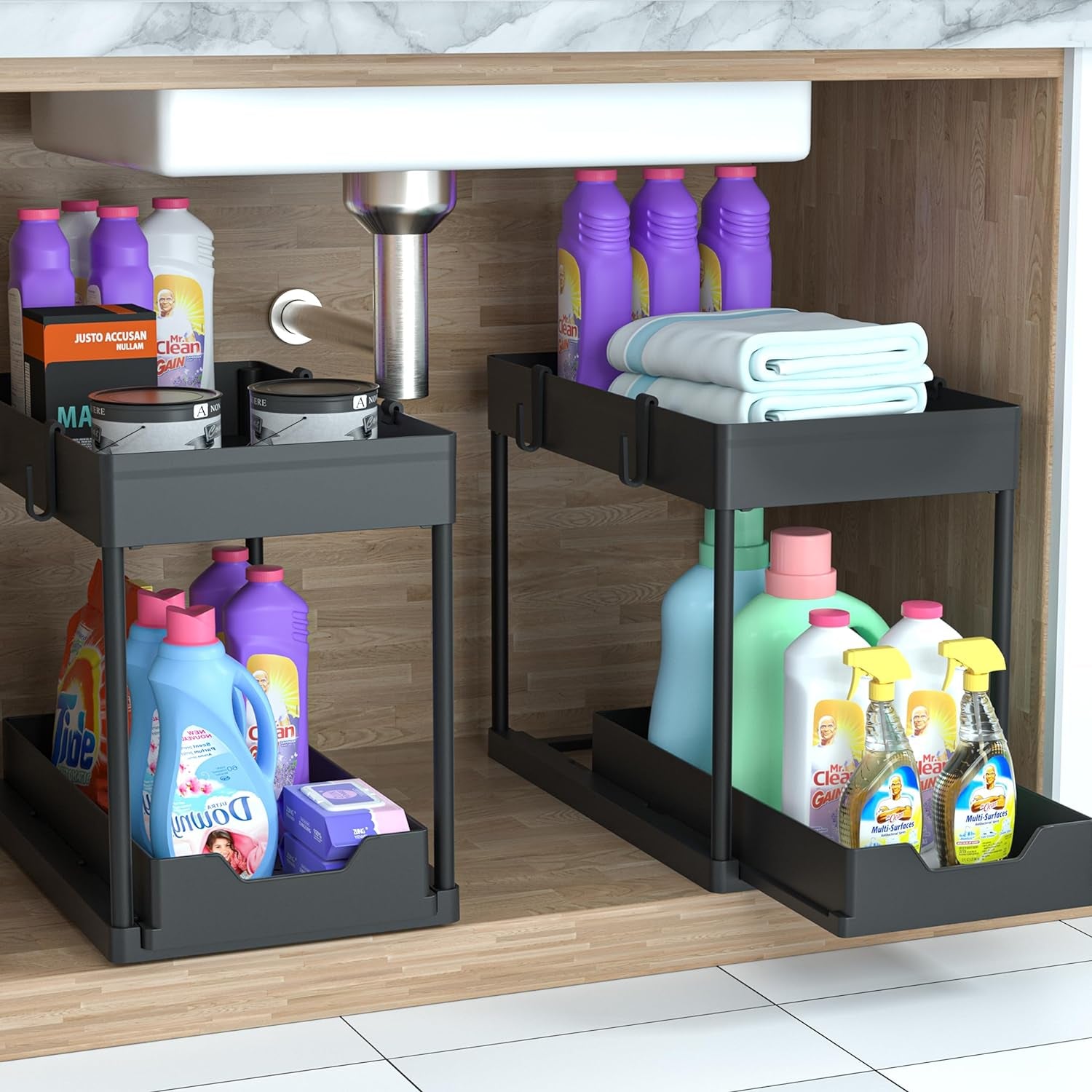 under Sink Organizer 2 Pack, Bathroom Cabinet Organizer, 2 Tier Sliding Cabinet Basket Organizer Drawer, Multi-Purpose Bath Collection Baskets for Bathroom (Black)