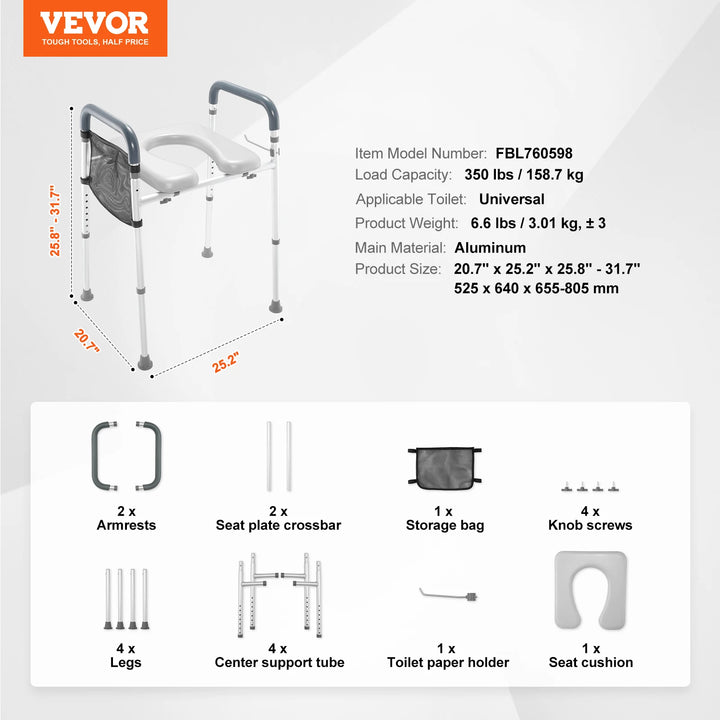 Adjustable Raised Toilet Seat with 7 Height Positions, 19.3" - 25.2" Range, 350 lbs Weight Capacity, and Comfort Padded Aluminum Frame