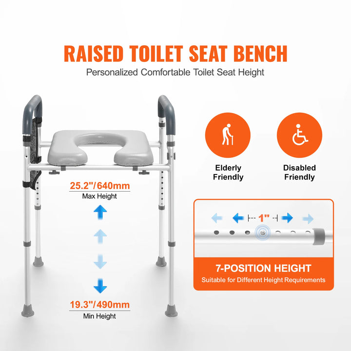 Adjustable Raised Toilet Seat with 7 Height Positions, 19.3" - 25.2" Range, 350 lbs Weight Capacity, and Comfort Padded Aluminum Frame