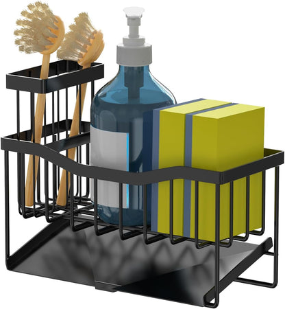 Sink Caddy Sponge Holder for Kitchen with Brush Holder and Stainless Steel Self Drain Tray, Rustproof Kitchen Sink Organizer for Sponge, Soap Dispenser Storage Accessories