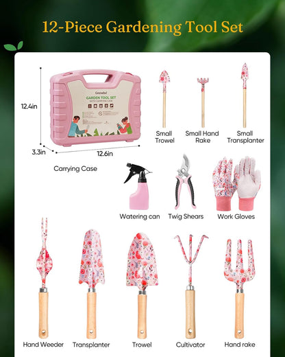 12-Piece Womens Gardening Tools Gift Set, Rust-Proof & Heavy-Duty Garden Tools with Durable Carrying Case, Fashionable & Thoughtful Gardening Gifts for Women&Men (Pink)