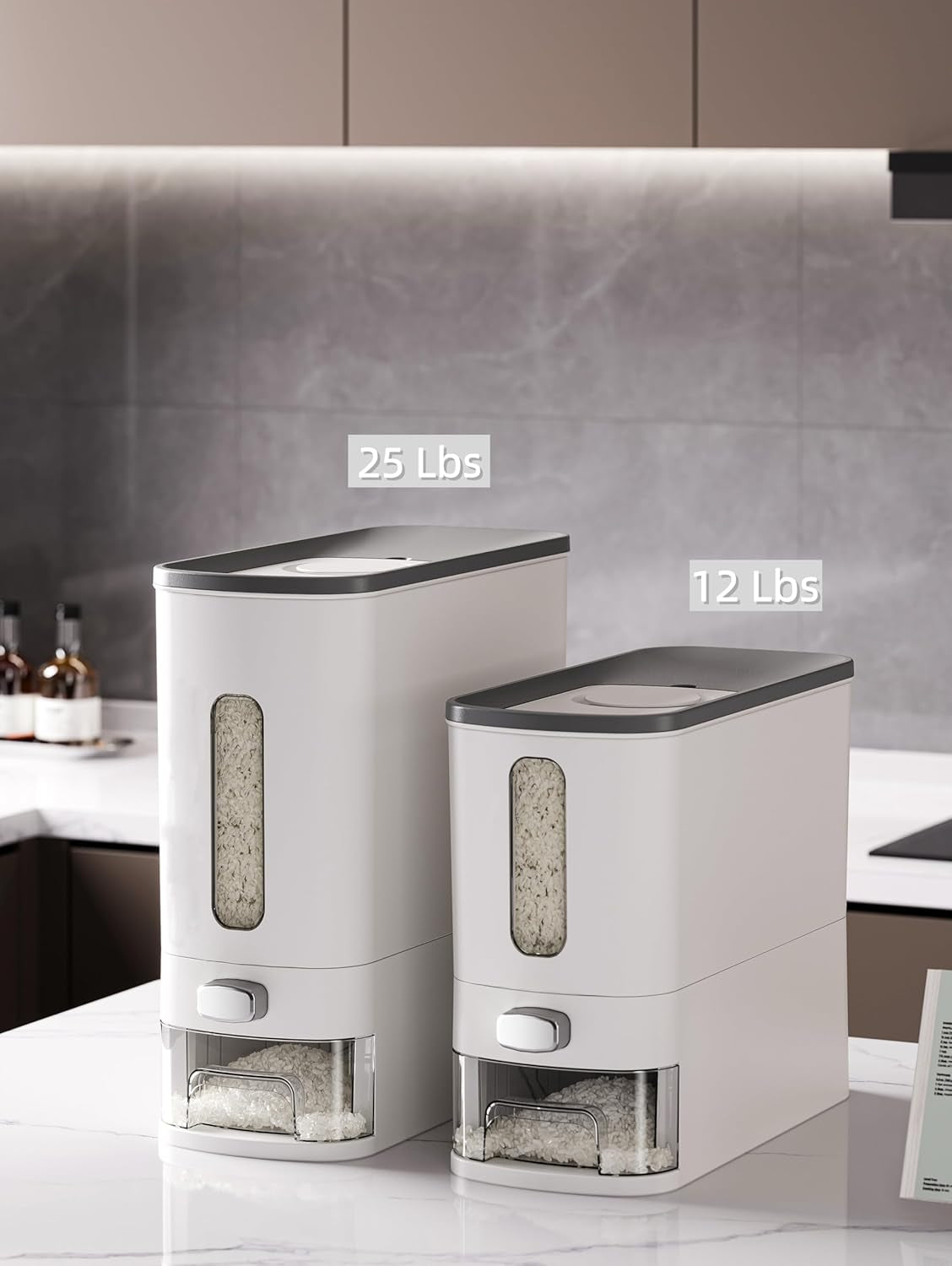 Rice Dispenser 12 Lbs,Large Cereal Dry Food Storage Containers Rice Storage Container Sealed Moisture Proof with Measuring Cup for Kitchen Pantry Household, White and Grey