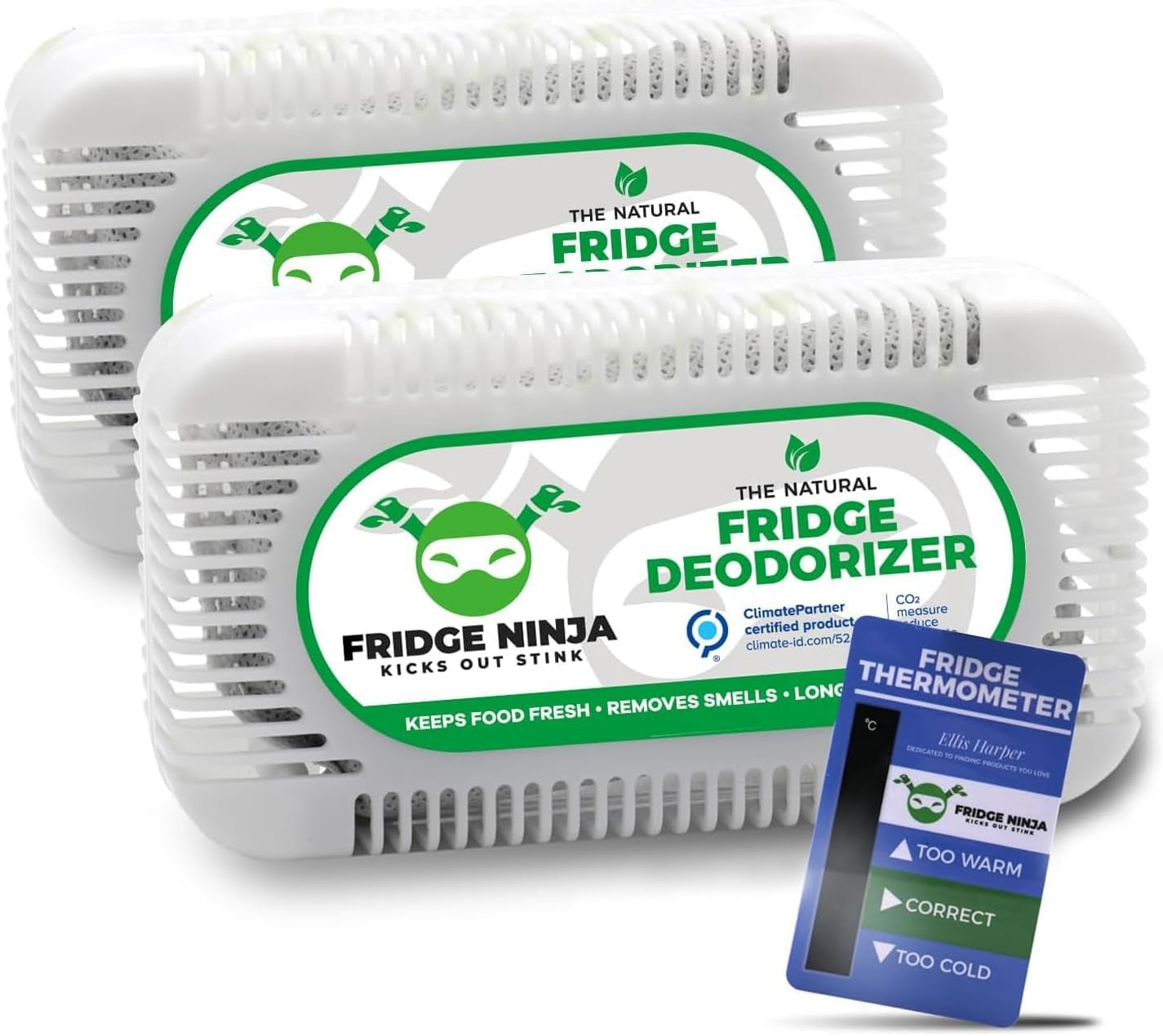 Fridge Ninja Fridge Deodorizer (2 Pack) - More Effective than Baking Soda - Natural and Unscented Activated Charcoal Refrigerator Deodorizer and Odor Eliminator for Freezers, Coolers, and Lunch Boxes