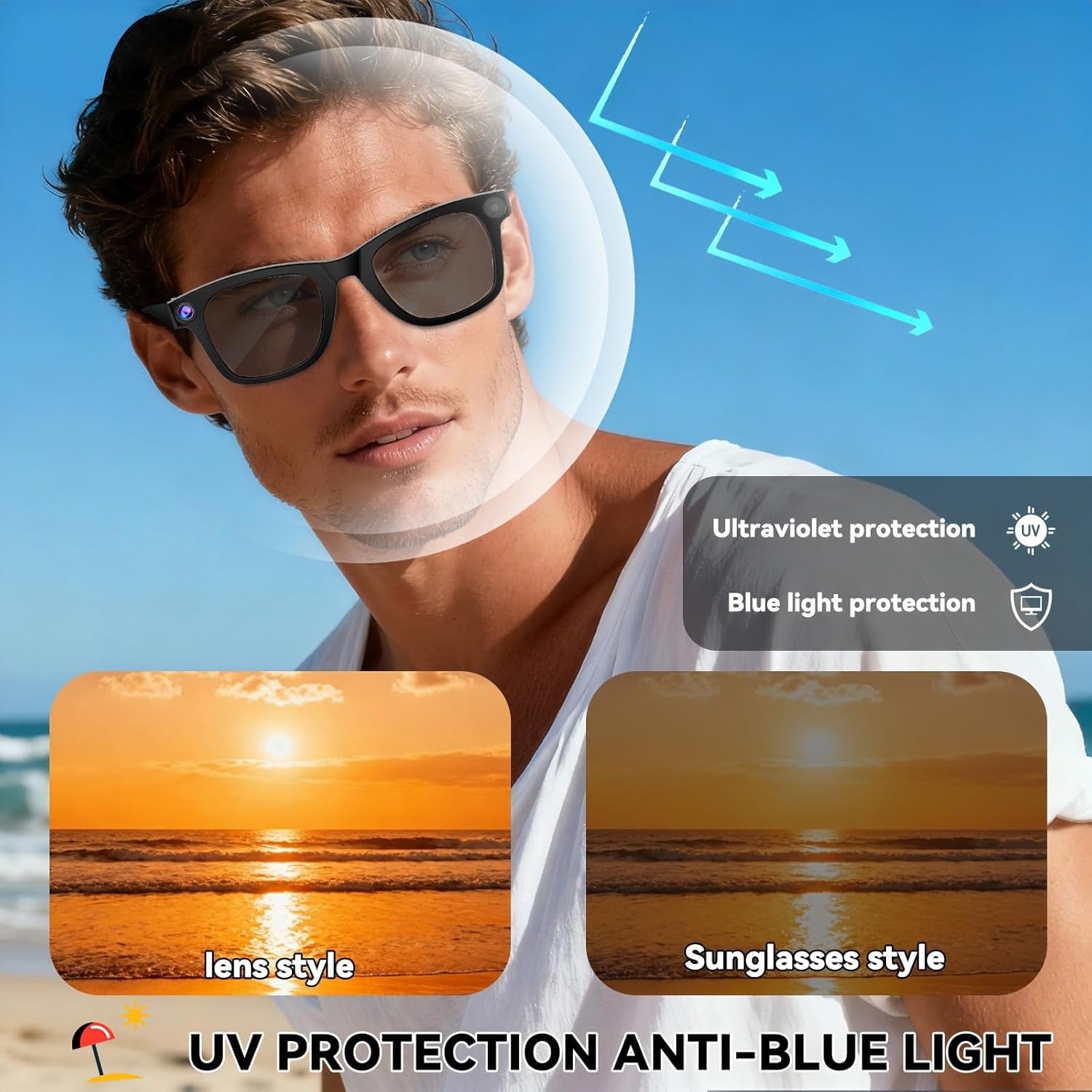 AI Smart Glasses with Camera, 8MP HD Camera Glasses for Men, AI Recording Glasses with Voice Assistant,Open-Ear Audio,Real-Time Translation,Video Recording Sunglasses for Life & Work (Photochromic)