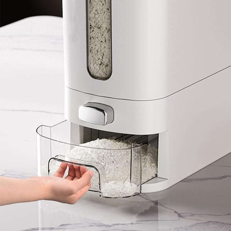 Rice Dispenser 12 Lbs,Large Cereal Dry Food Storage Containers Rice Storage Container Sealed Moisture Proof with Measuring Cup for Kitchen Pantry Household, White and Grey