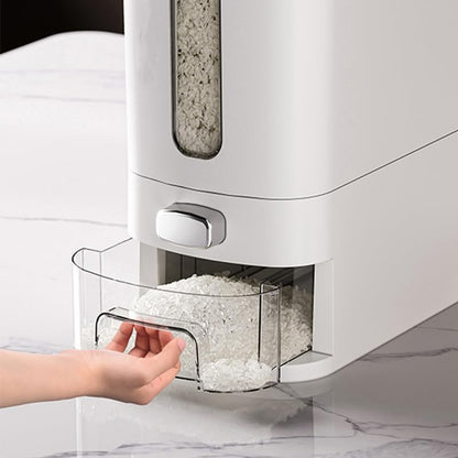 Rice Dispenser 12 Lbs,Large Cereal Dry Food Storage Containers Rice Storage Container Sealed Moisture Proof with Measuring Cup for Kitchen Pantry Household, White and Grey