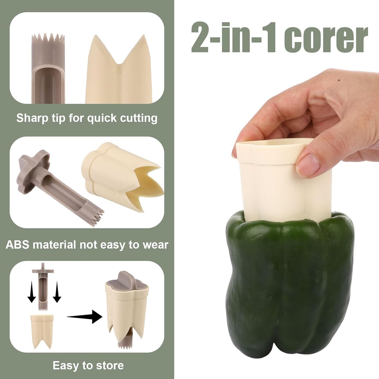 2Pcs Pepper Deseeder, 2 in 1 Fruit & Pepper Corer, Set for Vegetables, Kitchen Gadget, Home & Camping (Off-White)
