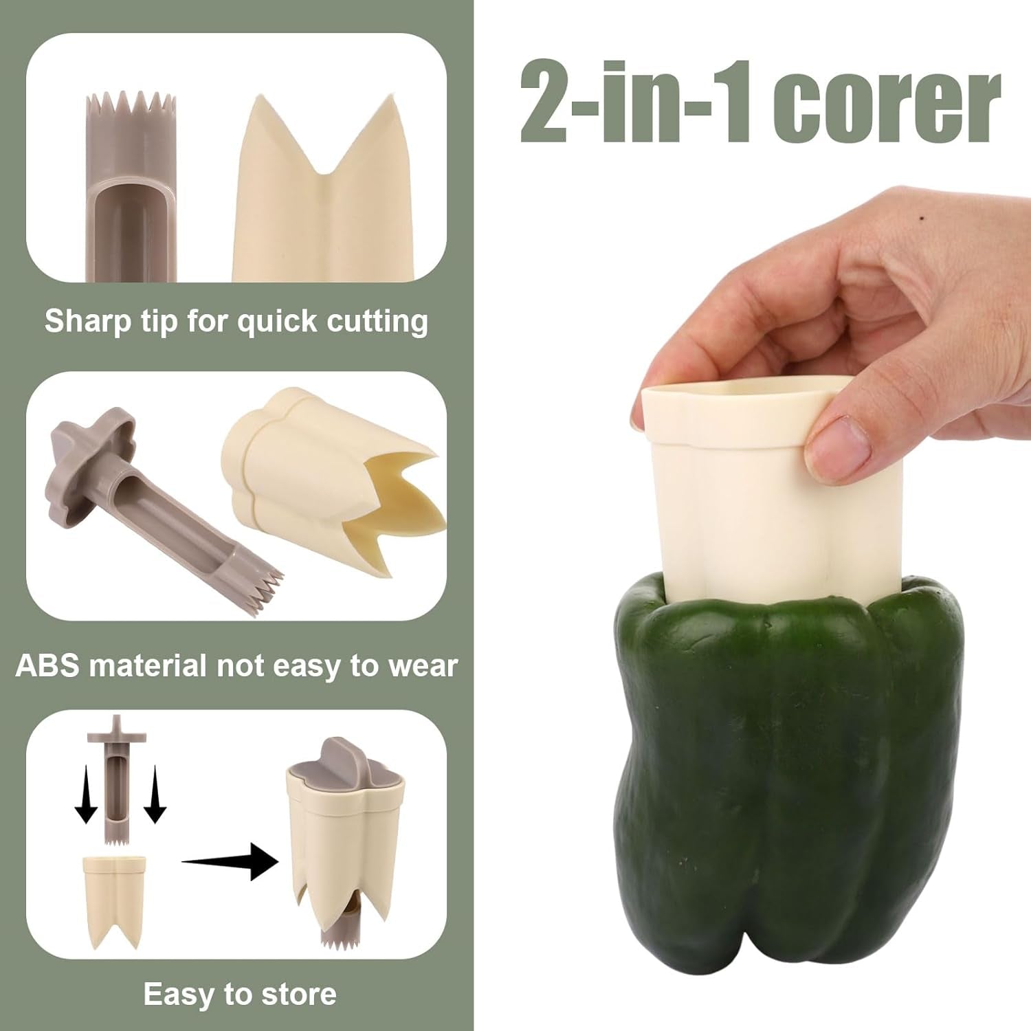 2Pcs Pepper Deseeder, 2 in 1 Fruit & Pepper Corer, Set for Vegetables, Kitchen Gadget, Home & Camping (Off-White)