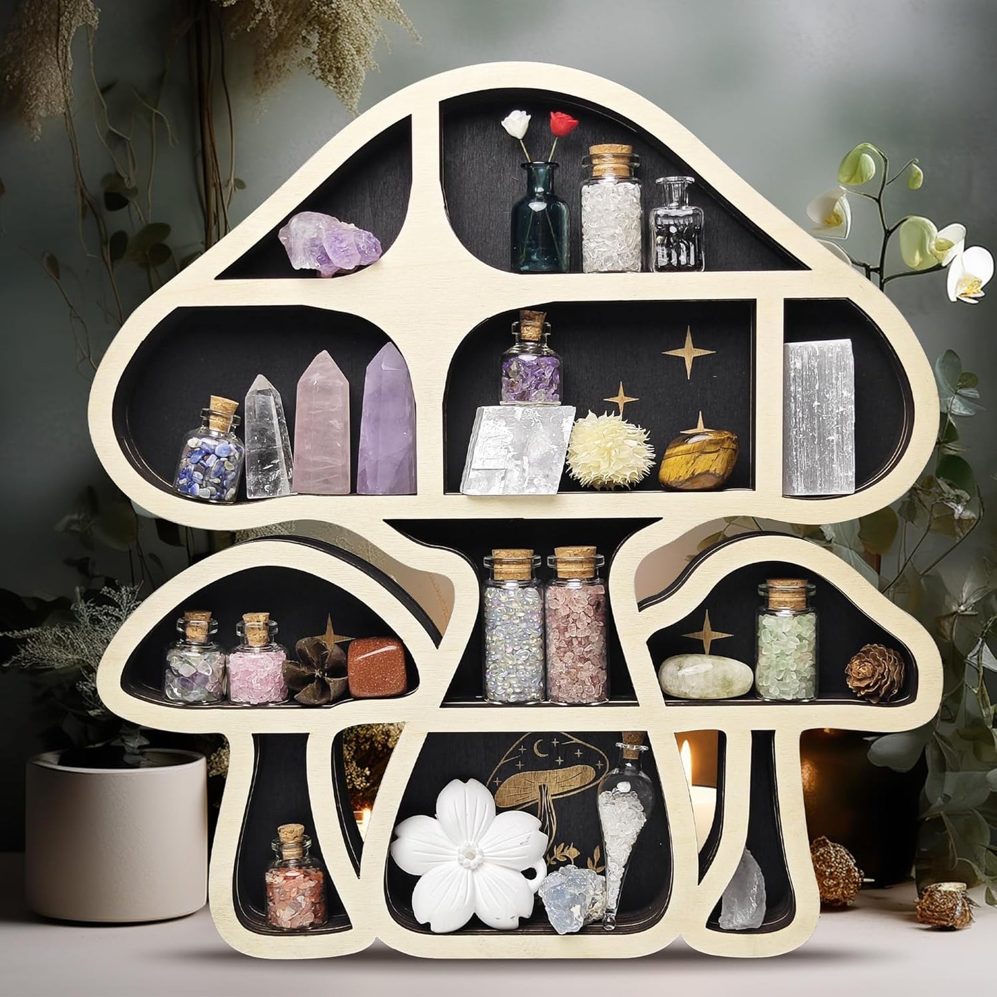 Wooden Mushroom Floating Shelves, Crystal Display Shelf for Wall, Cute Mushroom Wall Decor, Rock Gem Stone Storage Organizer, Essential Oil Holder Hanging Case, Meditation Art Spiritual Gift