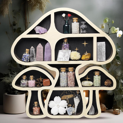 Wooden Mushroom Floating Shelves, Crystal Display Shelf for Wall, Cute Mushroom Wall Decor, Rock Gem Stone Storage Organizer, Essential Oil Holder Hanging Case, Meditation Art Spiritual Gift