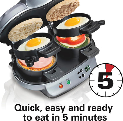 Dual Breakfast Sandwich Maker with Timer, Ready in 5 Minutes, Removable Dishwasher Safe Pfas-Free Non-Stick Egg Cooker Ring, Silver (25490MNA)