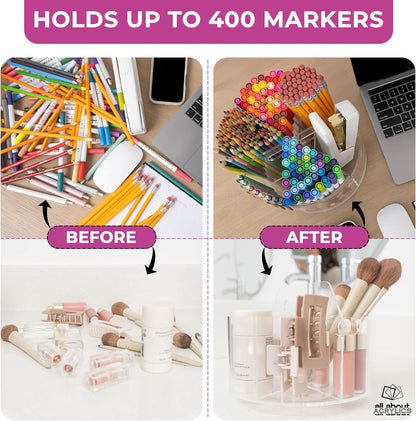 Acrylic Marker Organizer - Multipurpose 360 Rotating Holder for Pencil, Pen, Makeup Brushes, Crayon, Arts and Crafts Supplies - Clear Spinning Lazy Susan Non-Slip Organizing Caddy with Photo Slots