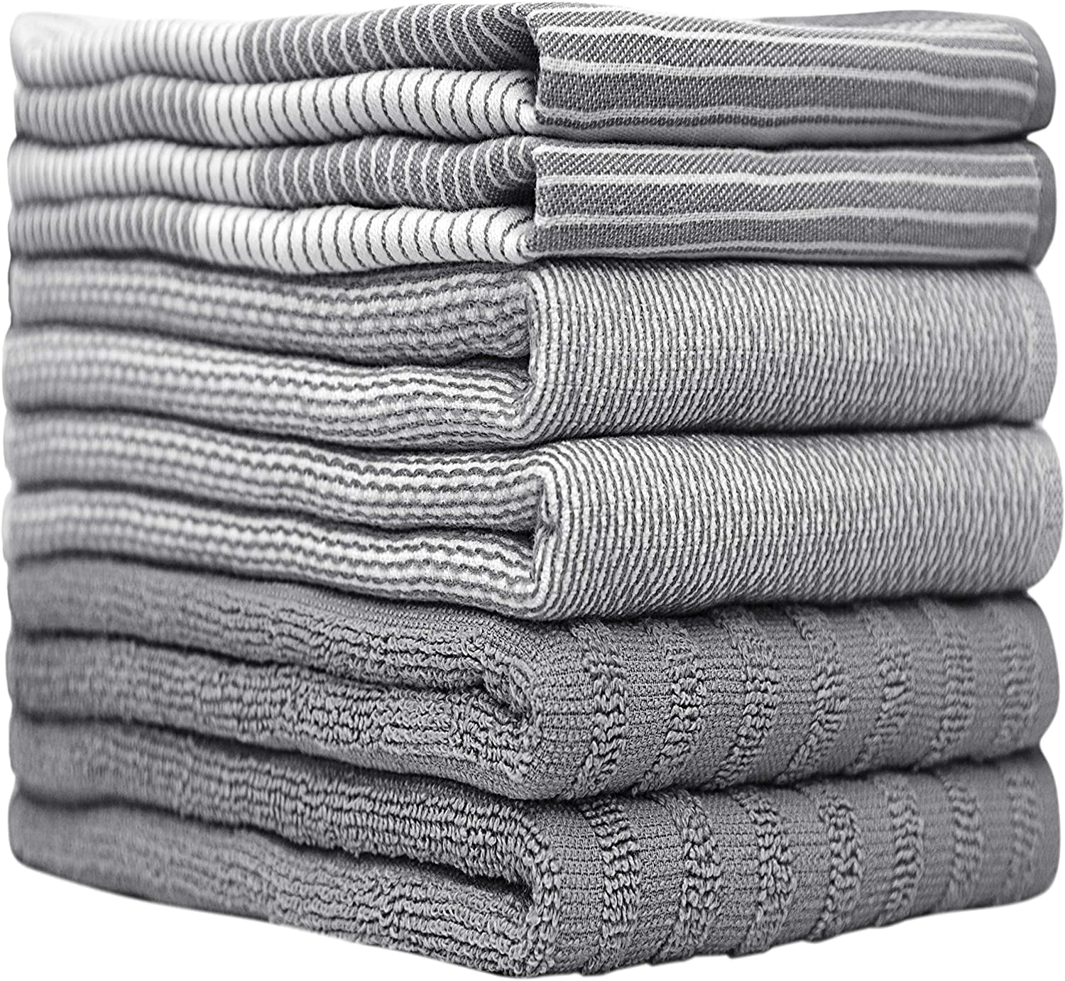 Premium Kitchen Towels (20”X 28”, 6 Pack) | Large Cotton Dish Towels | Flat & Terry Highly Absorbent Kitchen Linen Set with Hanging Loop | Gray