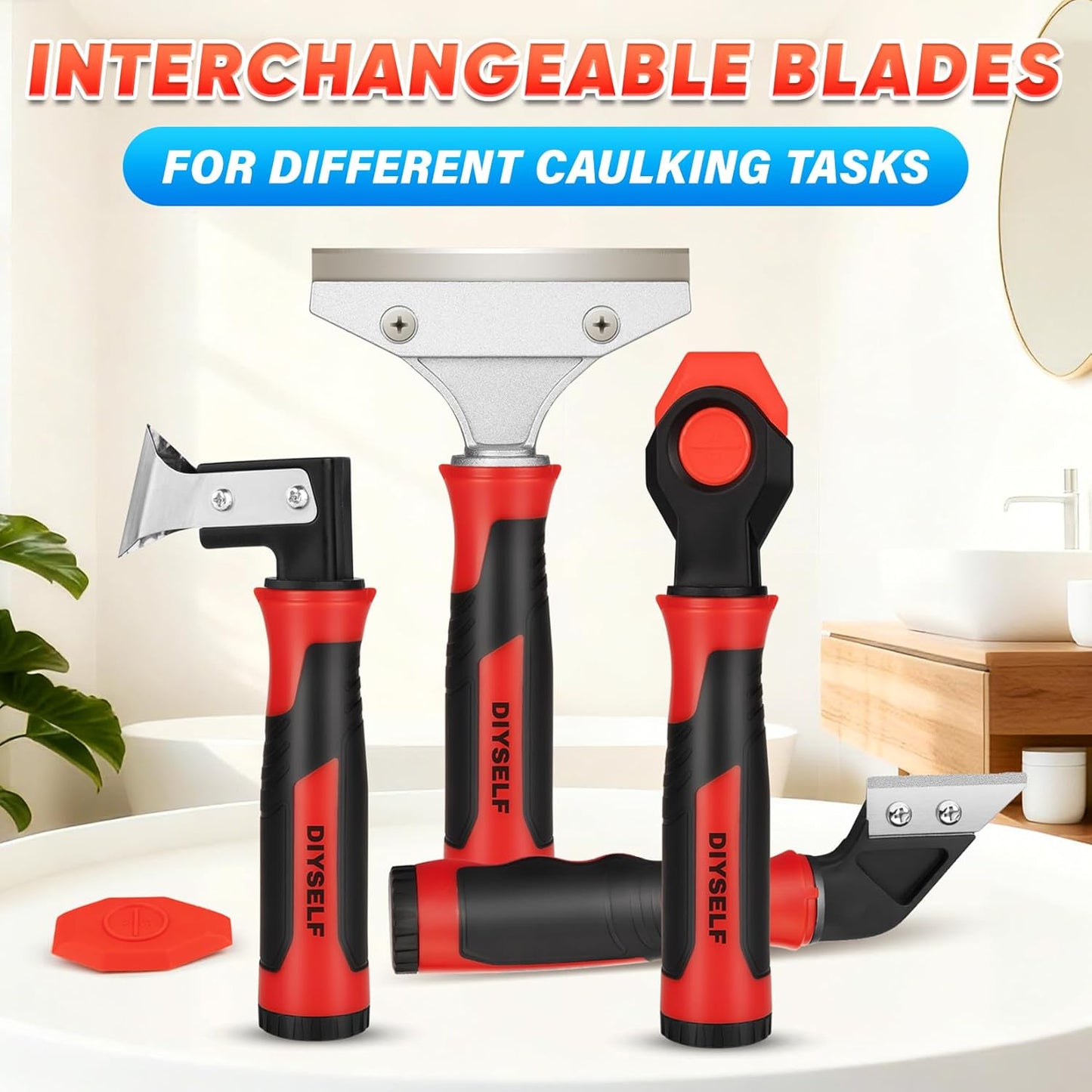 Caulking Tool, 4 in 1 Caulk Remover Tool for Bathroom, Bathtub, Grout, Shower, Tile, Window, Razor Scraper Tool for Cleaning, Silicone Caulk Removal Tool (Red)