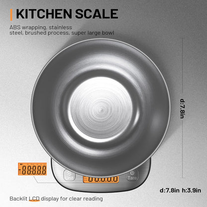 Food Kitchen Scale Digital Weight Grams and Oz with IPX6 Waterproof，Professional Stainless Steel Digital Kitchen Food Scale 11Lb/0.01Oz with Bowl for Weight Loss Dieting Baking Cooking