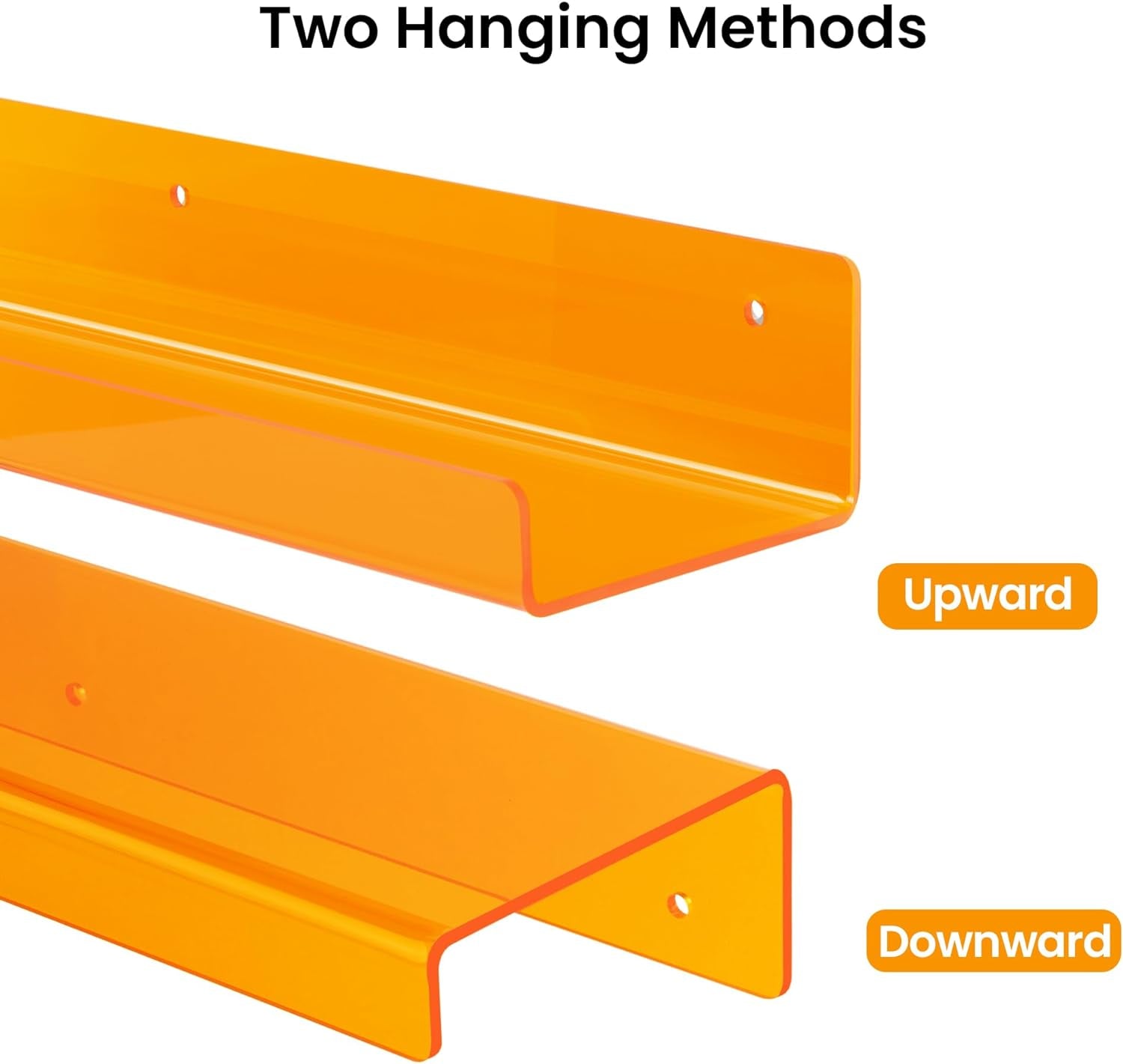 Acrylic Shelves for Wall Decor, 15" Display Shelf Perfume Organizer for Bathroom, Bedroom, Living Room, Floating Bookshelves for Kids, Clear Orange, 4 Pack