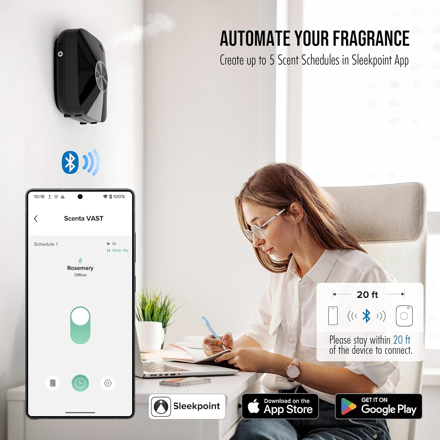 Smart Waterless Essential Oil Diffuser Scent Air Machine with 12A1V Power Adapter for Large Rooms Spaces Home and Commercial Use, up to 2000 Sq Ft 400 Ml Capacity Scent Diffuser, Black ANA