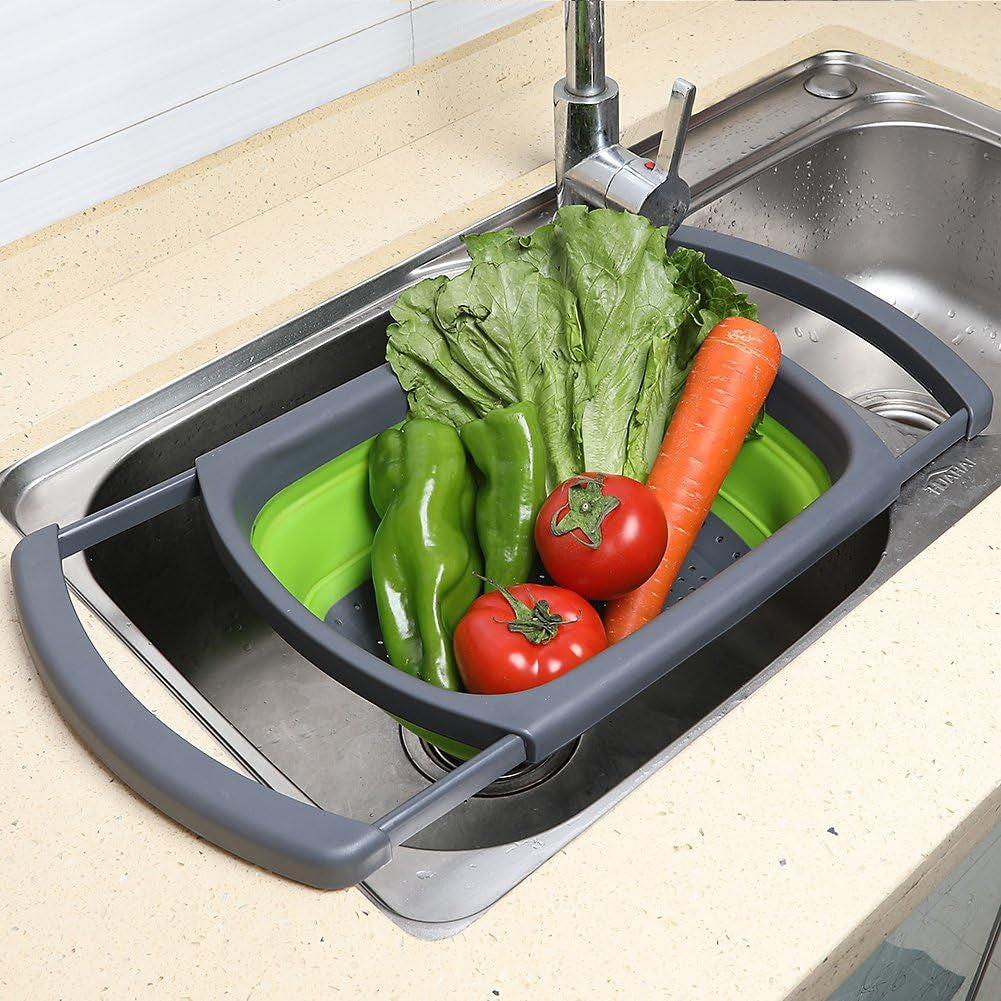 Colander Collapsible, Colander Strainer over the Sink Vegetable Fruit Strainer Basket (6 Quart) with Extendable Handles, New Kitchen Essentials