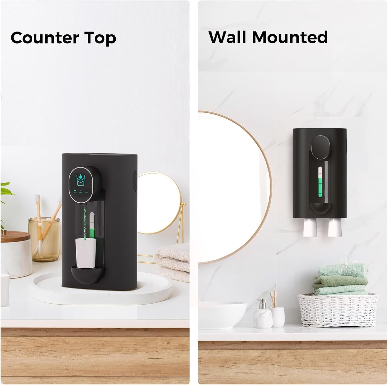 Automatic Mouthwash Dispenser 18.26 Oz Touchless Mouthwash Dispenser for Bathroom 2 Magnetic Cup USB Rechargeable and 3 Dispensing Levels with Led Screen Wall-Mounted or Countertop Use-Black